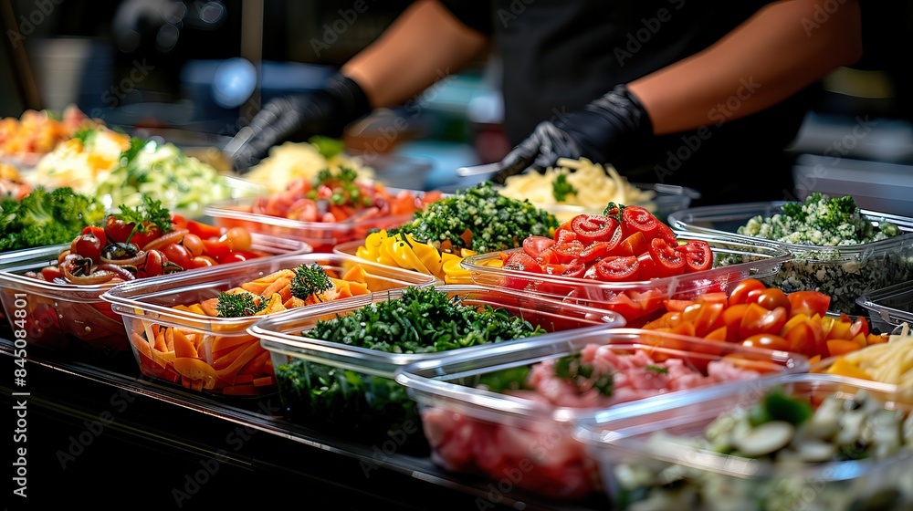 Grocery store deli employee prepares sandwiches and salads for deli counter, with a blurred background Grocery store deli employee prepares sandwiches and salads for deli counter, with a blurred background