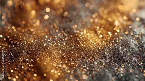 Abstract metallic background adorned with a bokeh effect, glistening with defocused sparkles, creating a festive texture perfect for commemorating Christmas, New Year, birthdays, greetings, victories,