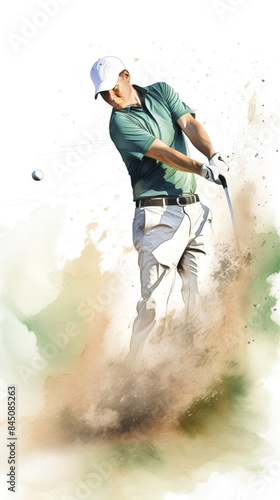 Golf player in action on the sand. Digital watercolor painting.