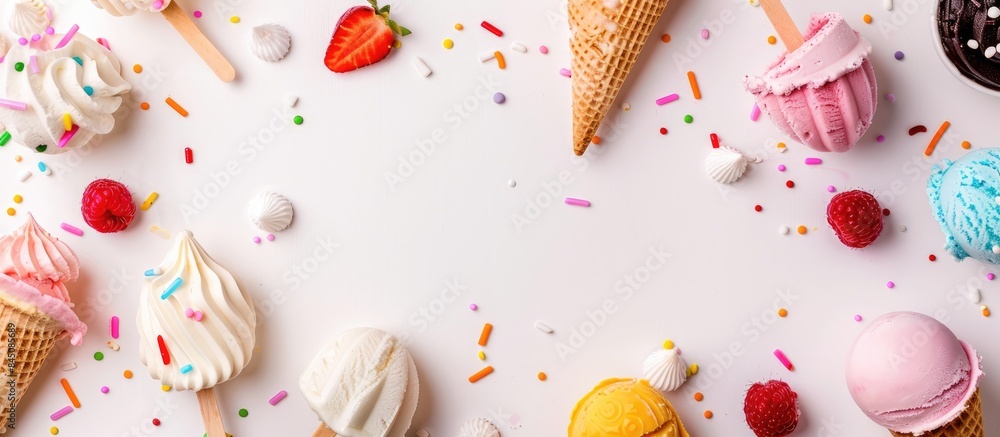 Ice cream and popsicles placed on a plain white backdrop. Ice cream and popsicles placed on a plain white backdrop.