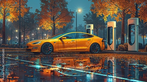 A detailed image of an electric car charging at a public charging station, accompanied by information highlighting the benefits of electric vehicles, promotes green initiatives and emission reduction 