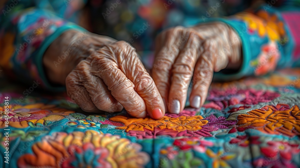 An intricate tableau of students and seniors collaborating on a quilting project, where vibrant fabrics evoke shared stories that enrich the intergenerational experience, creating a tapestry of shared An intricate tableau of students and seniors collaborating on a quilting project, where vibrant fabrics evoke shared stories that enrich the intergenerational experience, creating a tapestry of shared