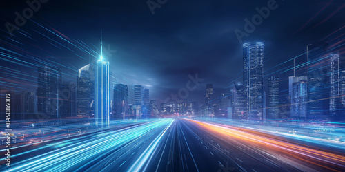 Futuristic Urban Cityscape at Night with Glowing Light Trails  High-Tech Metropolis Skyline  Smart City Concept  Digital Transportation Network View