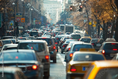 Professional Photography of crowded city streets during rush hour, with cars bumper to bumper and people hurrying along, Generative AI
