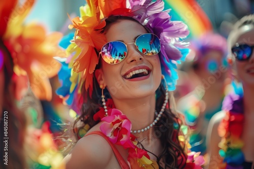 A woman wearing a colorful flower headdress and sunglasses is smiling. She is surrounded by other people, all wearing colorful clothing and accessories. LGBTQ+ essence of Pride Month