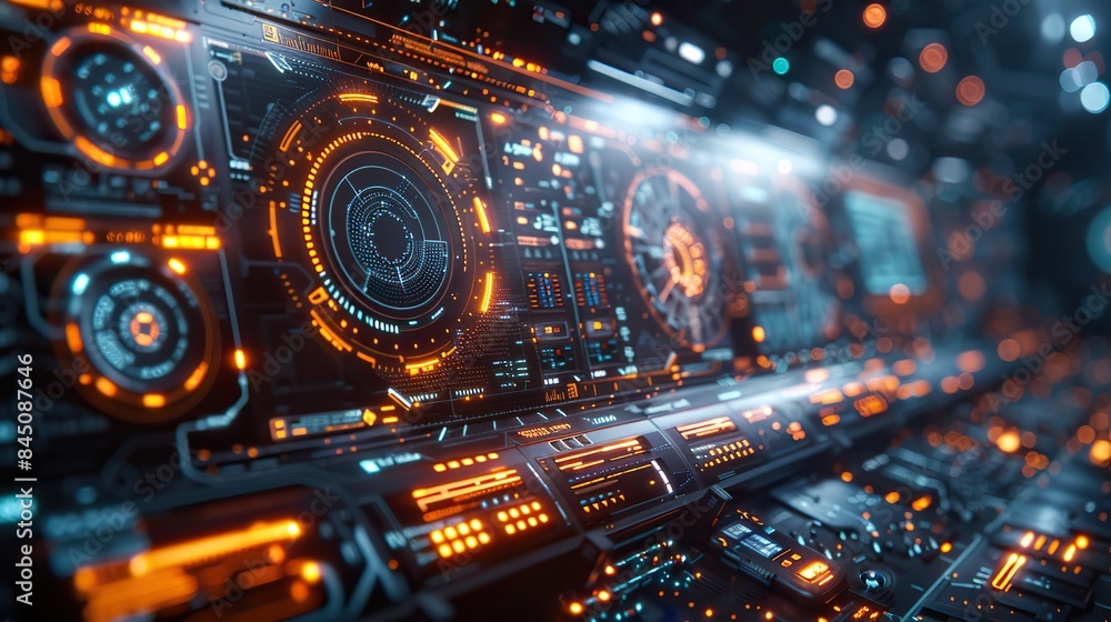 A futuristic holographic dashboard dynamically and dramatically displays the overall efficiency of a factory, leaving ample copy space. A futuristic holographic dashboard dynamically and dramatically displays the overall efficiency of a factory, leaving ample copy space.