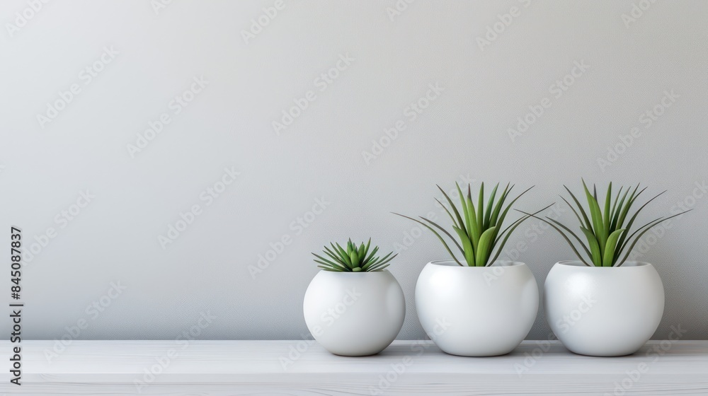 Three modern white plant pots with green plants on a white wooden surface against a plain wall, suggesting minimalism and cleanliness Three modern white plant pots with green plants on a white wooden surface against a plain wall, suggesting minimalism and cleanliness