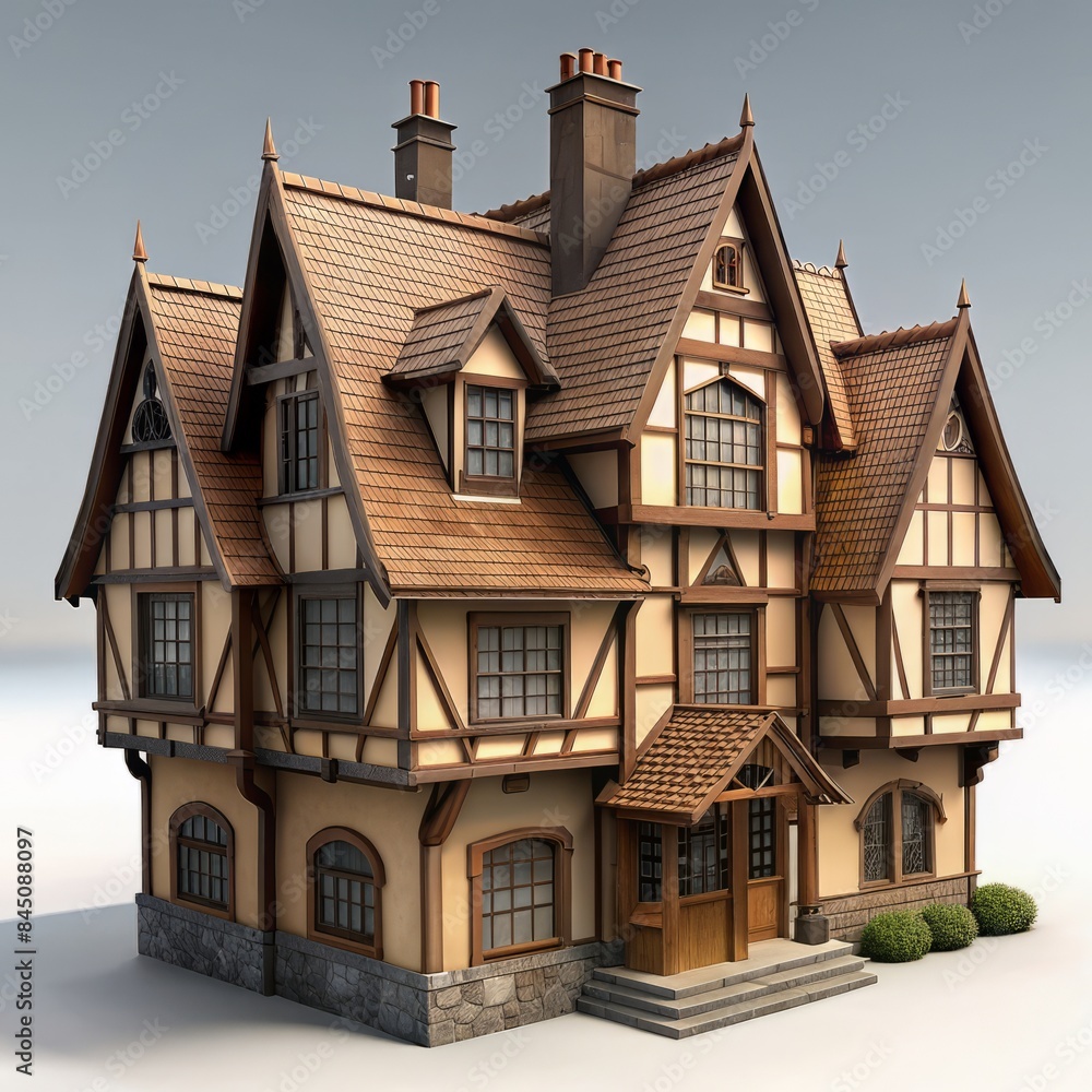 3D Render of a Tudor-style Townhouse, on isolated white background, Generative AI 3D Render of a Tudor-style Townhouse, on isolated white background, Generative AI