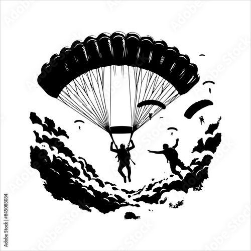 Skydiving Silhouettes, Skydiver, silhouettes parachuting vector illustration.