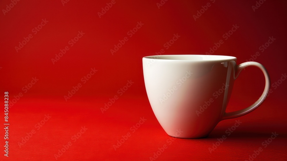 A minimalist setup featuring a white coffee cup on a vibrant red background, accentuating simplicity and contrast A minimalist setup featuring a white coffee cup on a vibrant red background, accentuating simplicity and contrast