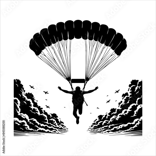 Skydiving Silhouettes, Skydiver, silhouettes parachuting vector illustration.