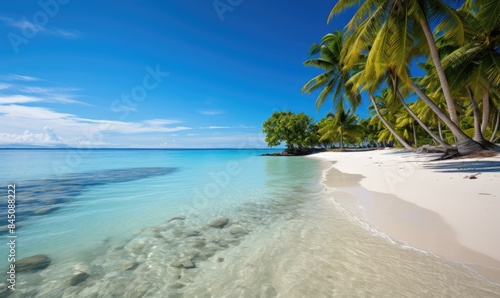 Serene Tropical Paradise  Palm Trees  Turquoise Waters  and White Sandy Beach Paradise