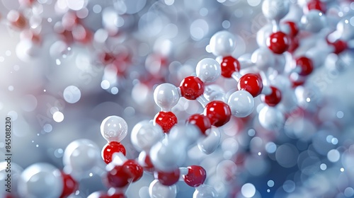 Red and white molecular chains against a soft-focus background. detailed molecular structures in pharmaceutical research. Emphasizes precision and scientific complexity. highly technical.