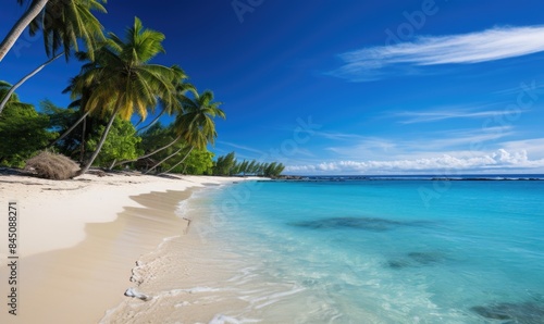 Serene Tropical Paradise  Palm Trees  Turquoise Waters  and White Sandy Beachscape