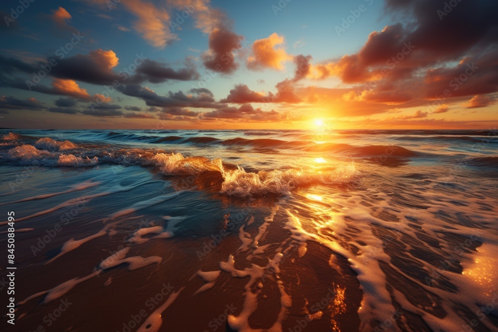 Serene Morning: Stunning Sunrise over Ocean with Golden Light and Calm Waves. Serene Morning: Stunning Sunrise over Ocean with Golden Light and Calm Waves.