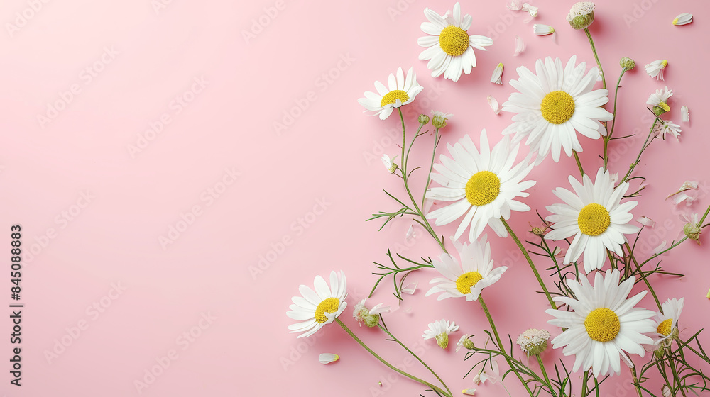 Minimal pink pastel styled concept. White daisy flower. beautiful spring background with blooming flowers and daisies in a colorful garden Minimal pink pastel styled concept. White daisy flower. beautiful spring background with blooming flowers and daisies in a colorful garden