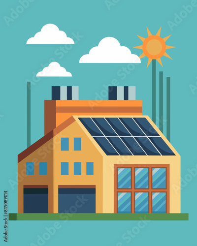 The factory runs on solar power itself with large arrays of panels lining the roof and providing clean energy to operate the machines.. Vector illustration