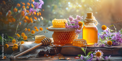 a beehive and honeycomb  with a bee on the right side  set against a blurred background of flowers.