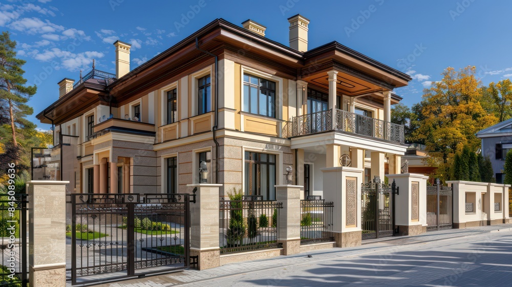 An elegant two-story suburban home with a sophisticated design, balcony, and a beautifully landscaped front yard under a clear blue sky An elegant two-story suburban home with a sophisticated design, balcony, and a beautifully landscaped front yard under a clear blue sky