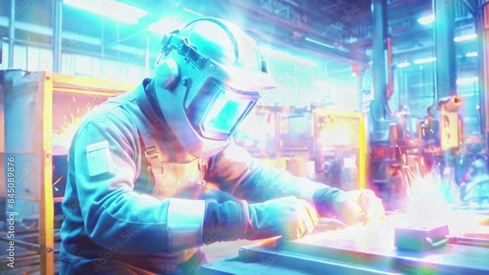A person wearing a protective welding mask is working with a welding torch in a factory. A person wearing a protective welding mask is working with a welding torch in a factory.