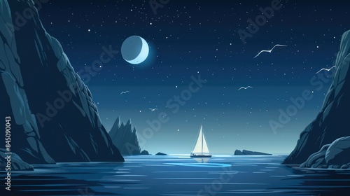 A serene illustration of a sailboat sailing through calm waters at night, with a crescent moon and cliffs