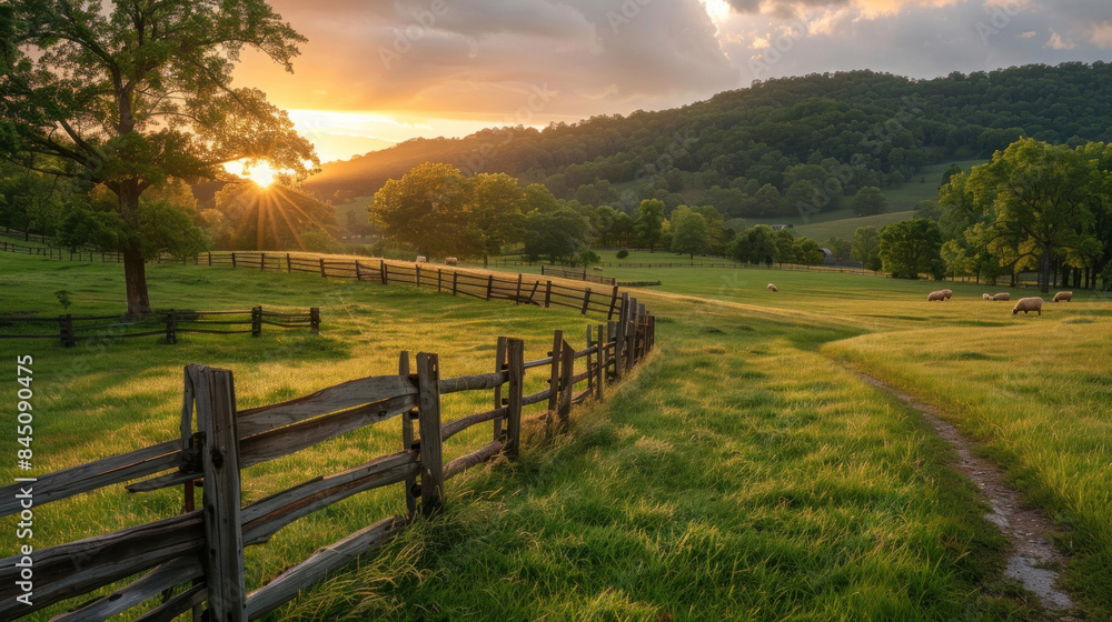 Group of sheep graze leisurely on the rolling hills at sunset, against the backdrop of majestic mountains. With a rustic wooden fence adding of rural life. Group of sheep graze leisurely on the rolling hills at sunset, against the backdrop of majestic mountains. With a rustic wooden fence adding of rural life.