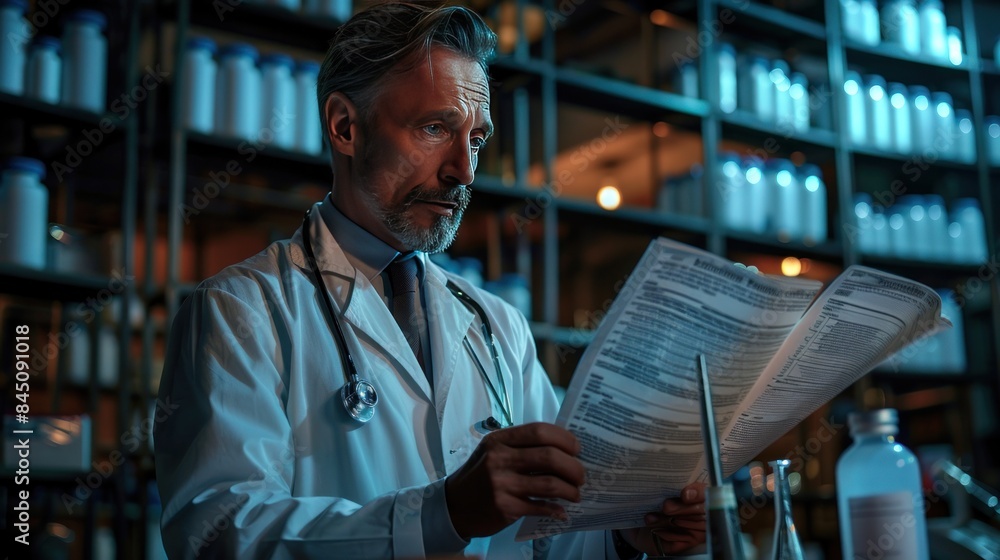 Serious Doctor Analyzing Medical Documents in a Laboratory Serious Doctor Analyzing Medical Documents in a Laboratory