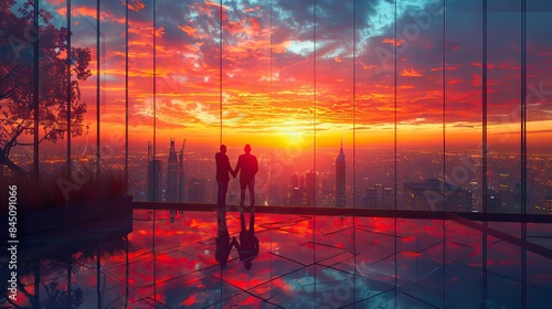Amidst the towering skyscrapers bathed in the golden hues of sunrise, two businessmen engaged in a firm handshake, symbolizing the successful conclusion of their partnership deal, solidifying their photo