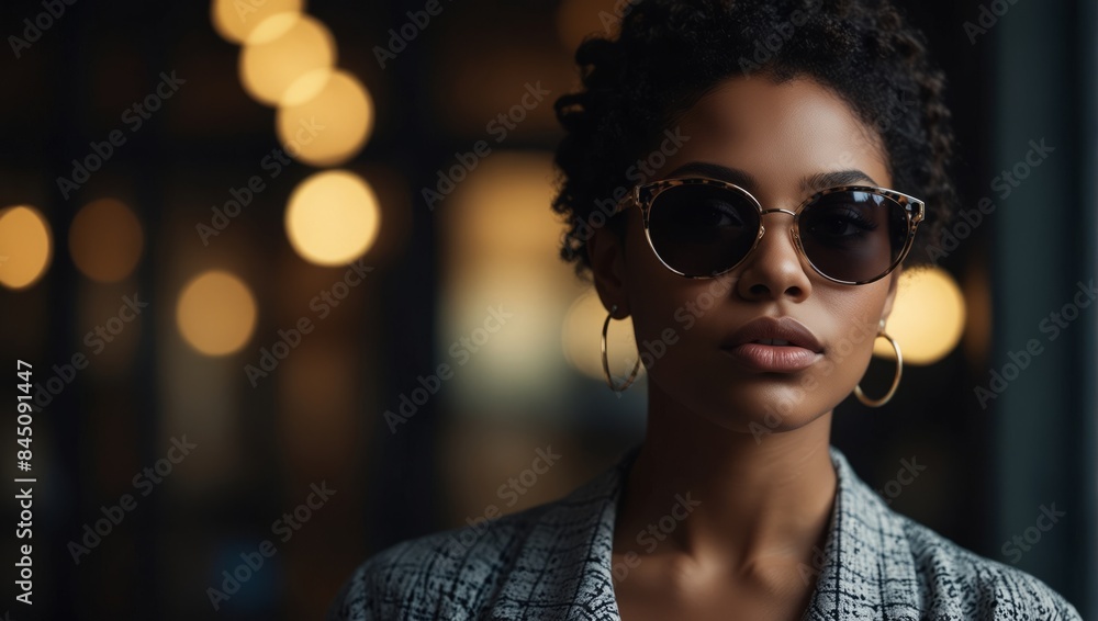 Bright studio fashion portrait of a young black woman wearing sunglasses. Bright studio fashion portrait of a young black woman wearing sunglasses.