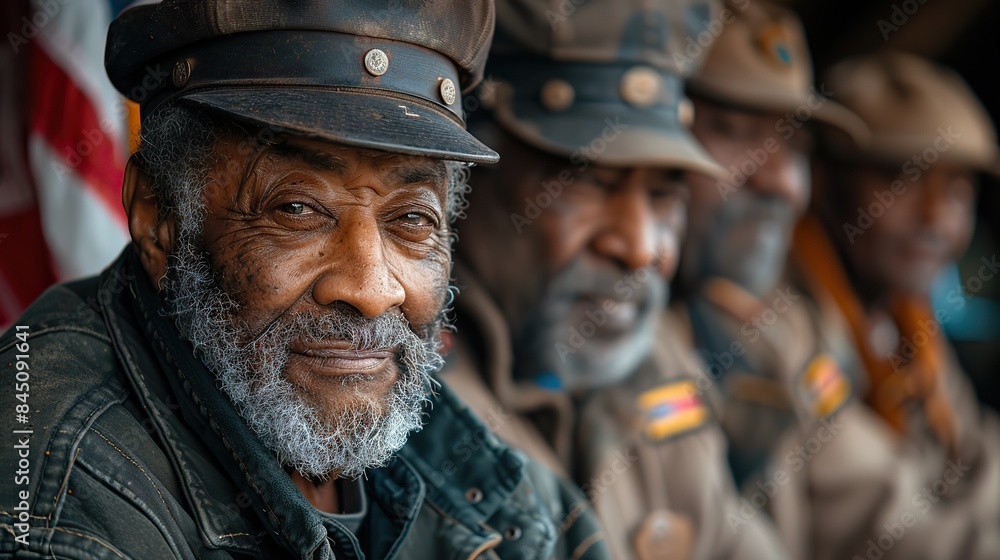A gathering of veterans in a park on Memorial Day, sharing stories and reminiscences against a backdrop of waving American flags, with ample space for text. A gathering of veterans in a park on Memorial Day, sharing stories and reminiscences against a backdrop of waving American flags, with ample space for text.