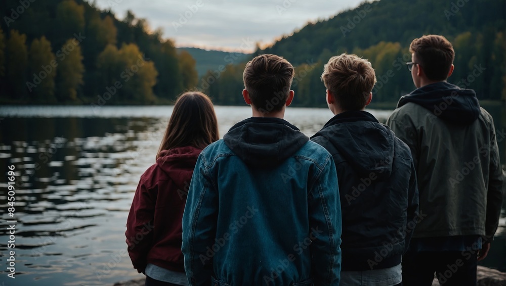 Fototapeta premium Group of young people standing next to the beautiful lake among.