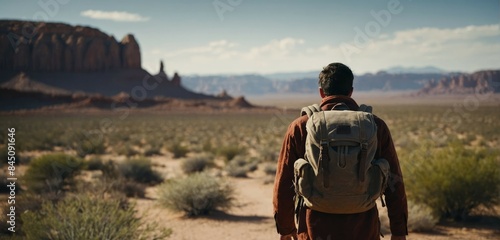 Explorer carrying a backpack walking through the desert from behind.