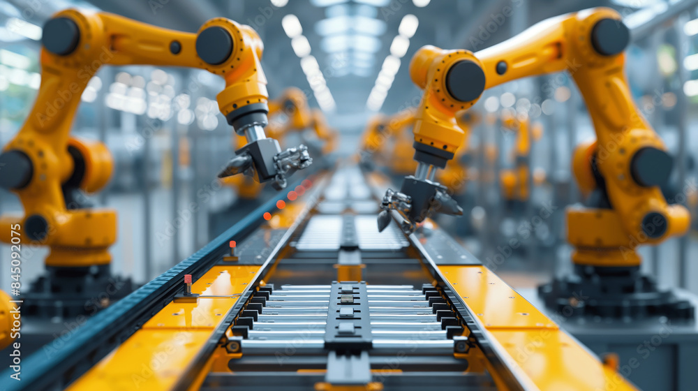 A modern factory scene with multiple robotic arms assembling products
A modern factory scene with multiple robotic arms assembling products