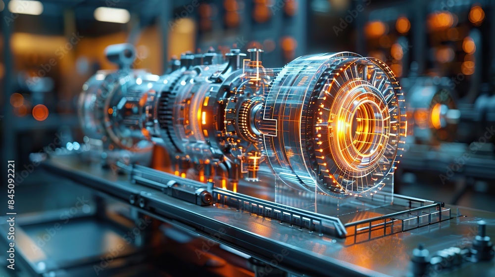 Engineering holograms present a blurred background with copy space, featuring a holographic 3D model of a complex mechanical system for business review. Engineering holograms present a blurred background with copy space, featuring a holographic 3D model of a complex mechanical system for business review.