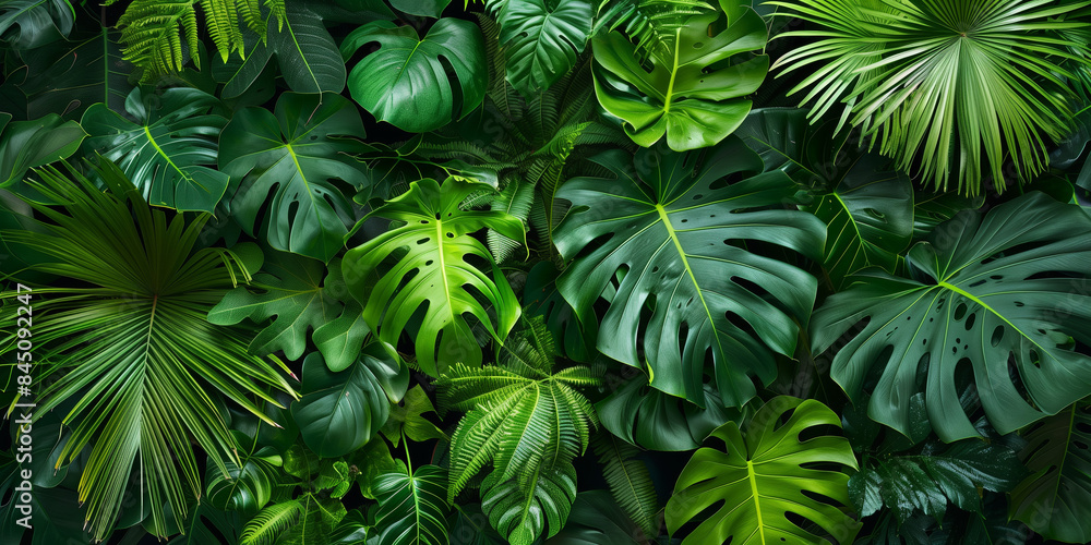 Lush green tropical plants bush, monstera, palm, rubber plant, pine and fern. Lush green tropical plants bush, monstera, palm, rubber plant, pine and fern.