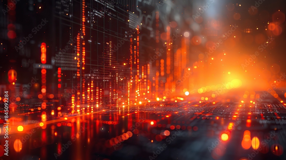 A holographic projection of a bustling stock exchange trading floor adorns a financial firm's office, its blurred background providing ample copy space. A holographic projection of a bustling stock exchange trading floor adorns a financial firm's office, its blurred background providing ample copy space.