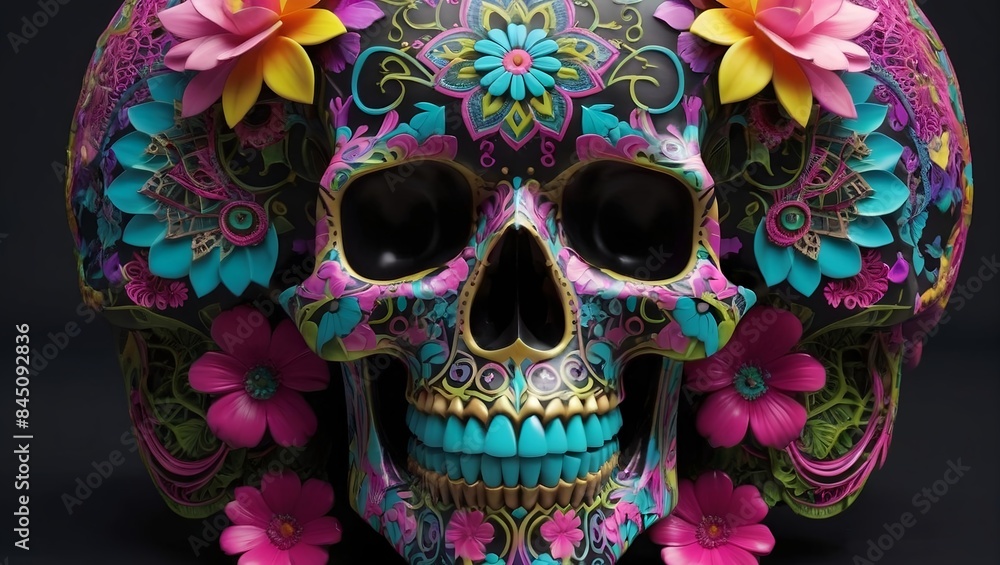 Vibrantly colored skull adorned with intricate patterns and designs of skull and flower skull in the shape of a skull
