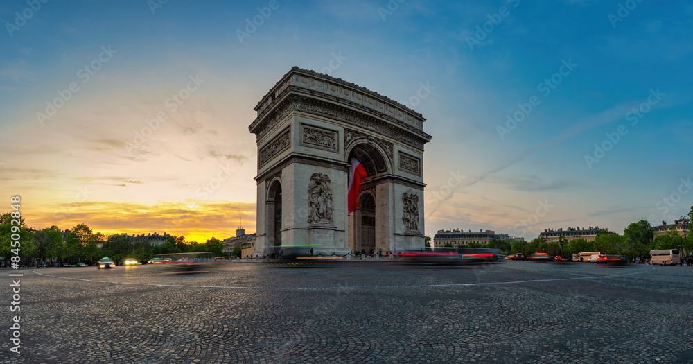 Paris France, panorama city skyline sunset at Arc de Triomphe and Champs Elysees Paris France, panorama city skyline sunset at Arc de Triomphe and Champs Elysees