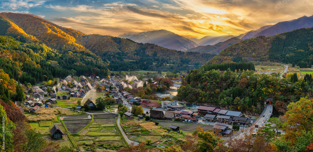 Shirakawago village Gifu Japan panorama, Historical Japanese traditional Gassho house at Shirakawa village in autumn foliage season