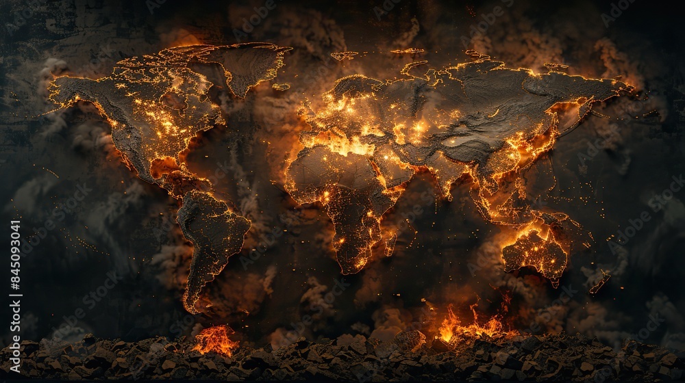 Abstract conceptual illustration depicting an Earth engulfed in darkness, covered in oil, carbon, and smoke, its charred surface ravaged by fire, a stark representation of global warming and the envir Abstract conceptual illustration depicting an Earth engulfed in darkness, covered in oil, carbon, and smoke, its charred surface ravaged by fire, a stark representation of global warming and the envir