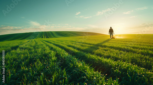 
Farmer spreading granular fertilizer over a vibrant green field