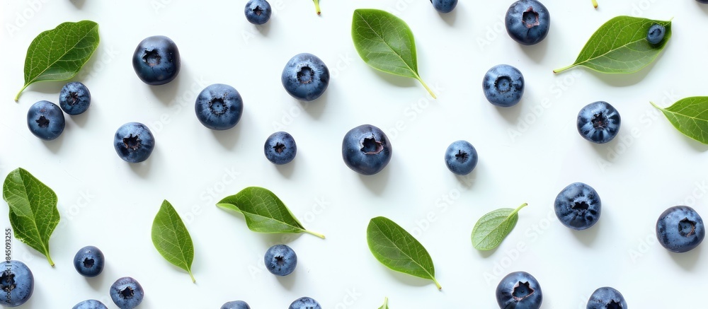 Fresh ripe blueberries and leaves grouped together against a white backdrop. Fresh ripe blueberries and leaves grouped together against a white backdrop.