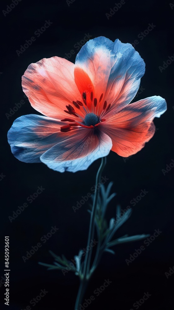 Dark Background Close-Up of Vibrant Blue Poppy with Red and Orange Details Dark Background Close-Up of Vibrant Blue Poppy with Red and Orange Details