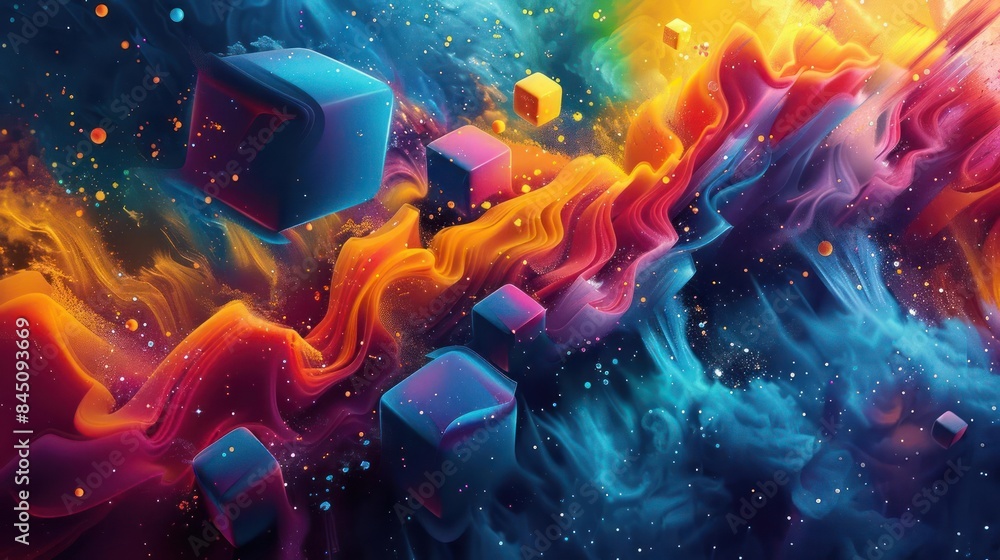 Dynamic Fluid Geometry, A Vibrant Digital Mosaic of Cubes in Abstract Form