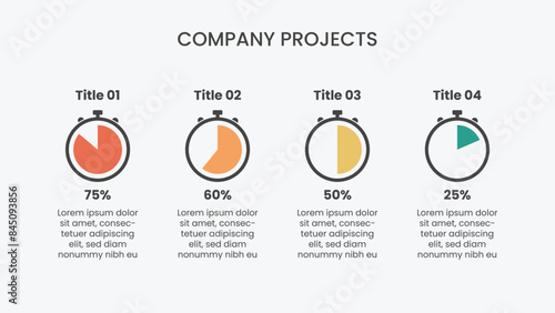 Modern infographic template with stopwatch symbol. Creative business presentation. 4 options corporate workflow.