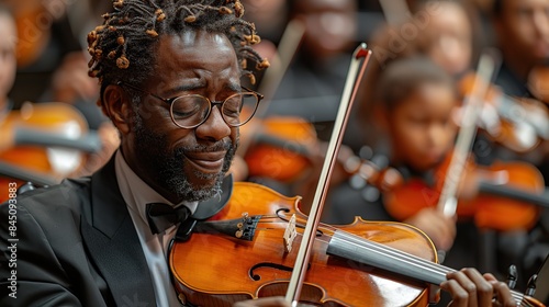 In a vibrant multiethnic school orchestra, a dedicated music teacher leads a heartfelt rehearsal, fostering a profound connection between the guiding spirit and the young, aspiring musicians.