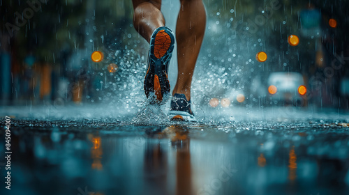  Powerful shot of muscular legs in running shoes sprinting on a rain-soaked street  with water splashing and creating a dramatic effect