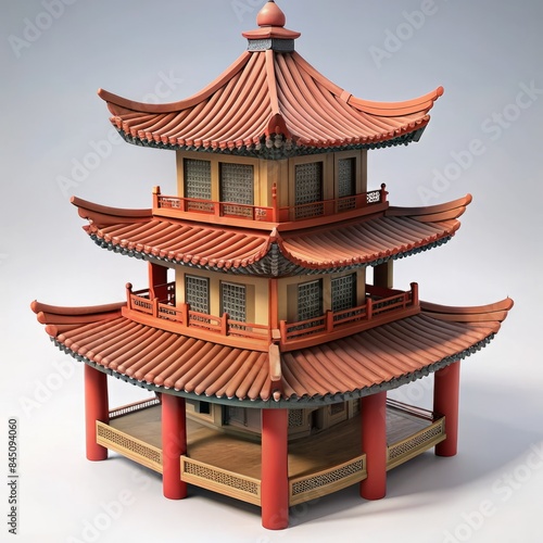 3D Render of a Chinese pagoda, on isolated white background, Generative AI