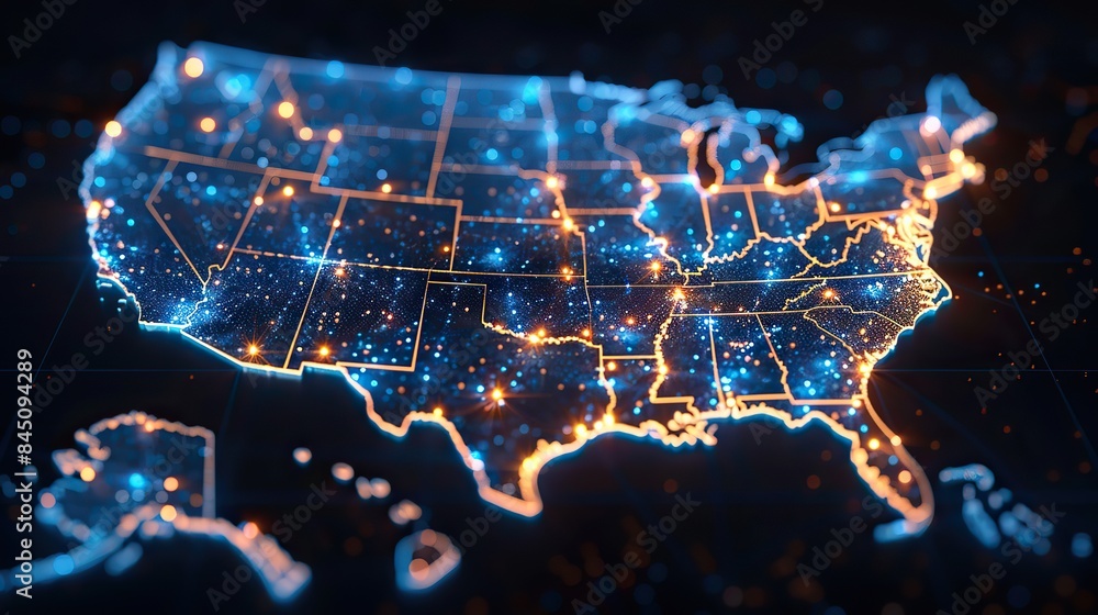 Fototapeta premium Digital map of the United States illustrating the concept of the American global network, encompassing connectivity data transfer, cyber technology, electronic vote information exchange, and telecommu