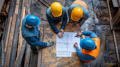  Team of architects and engineers reviewing blueprints at a construction site
